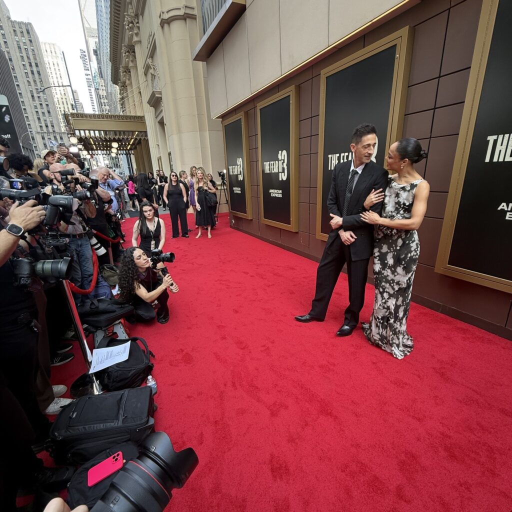 Adrien Brody and Tessa Thompson unite on the red carpet at the Opening Night performance of The Fear of 13.